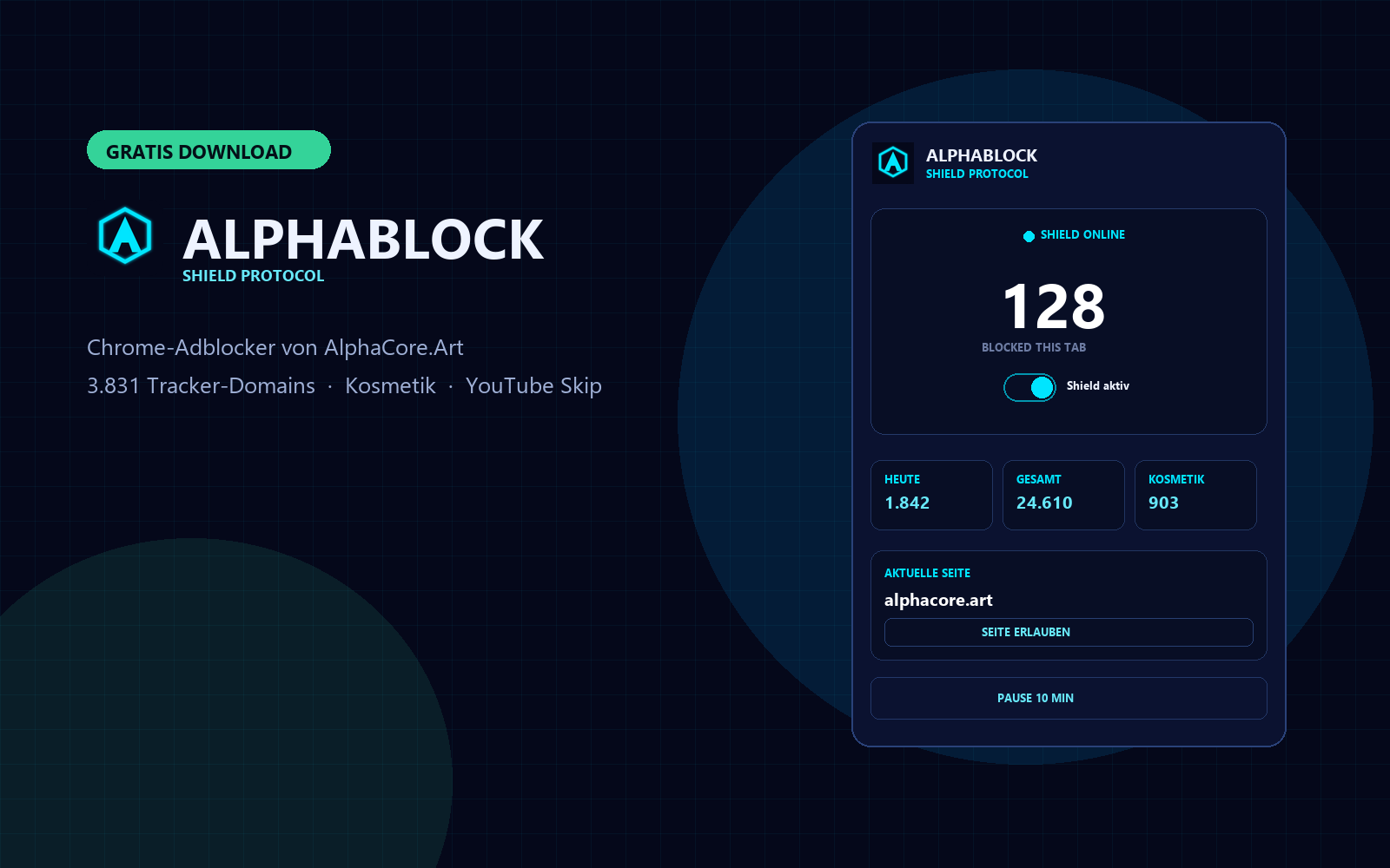 AlphaBlock Popup: Shield online, Zähler, Seite erlauben