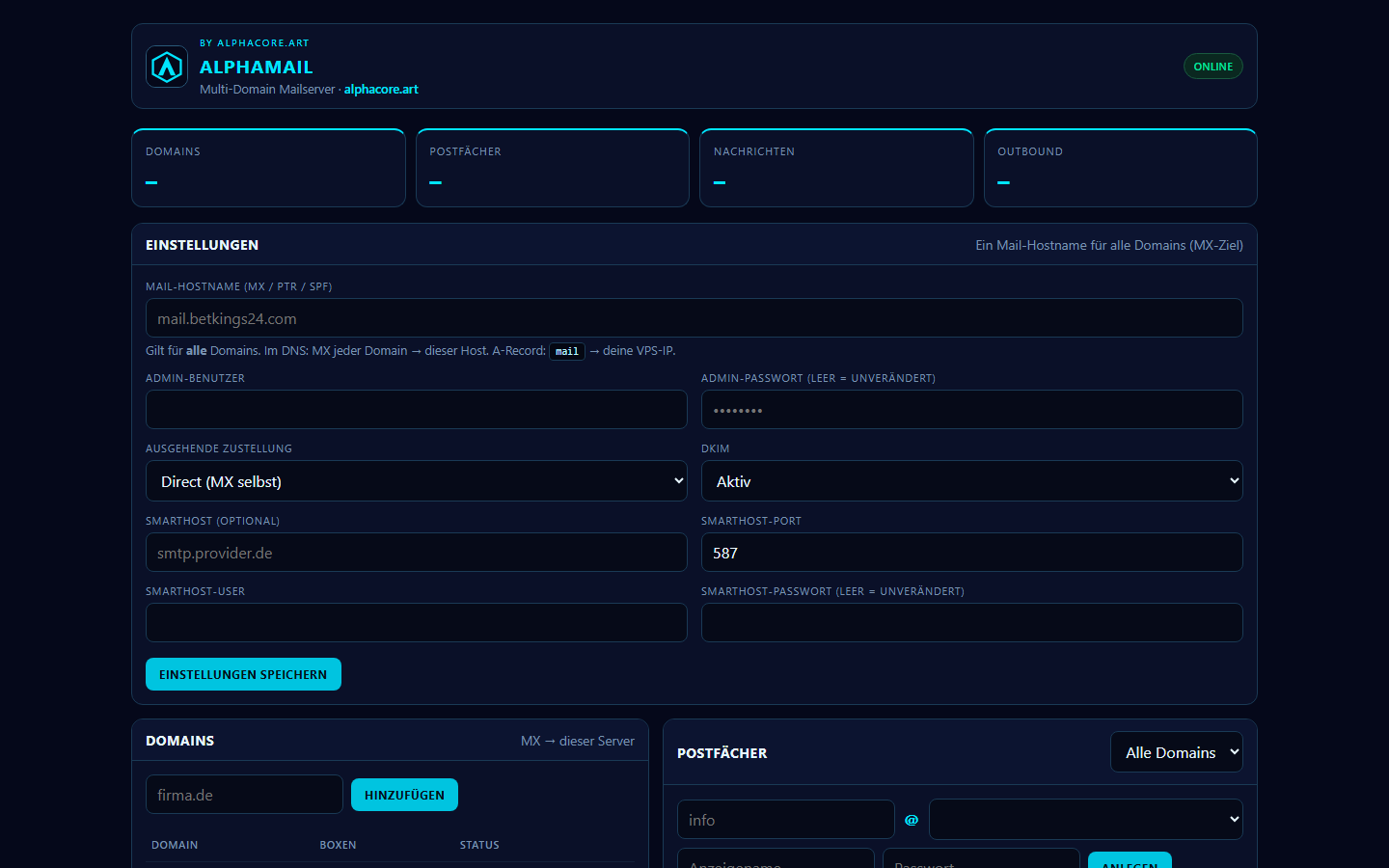 AlphaMail Web-Admin: Einstellungen, Domains, Postfächer
