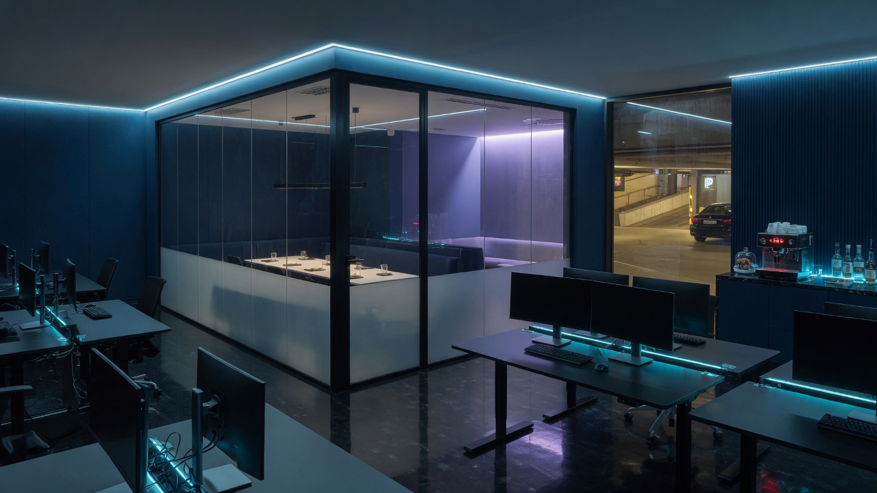 Hybrid-Office: Glas-Meetingraum, Desks, Kaffee, Tiefgarage
