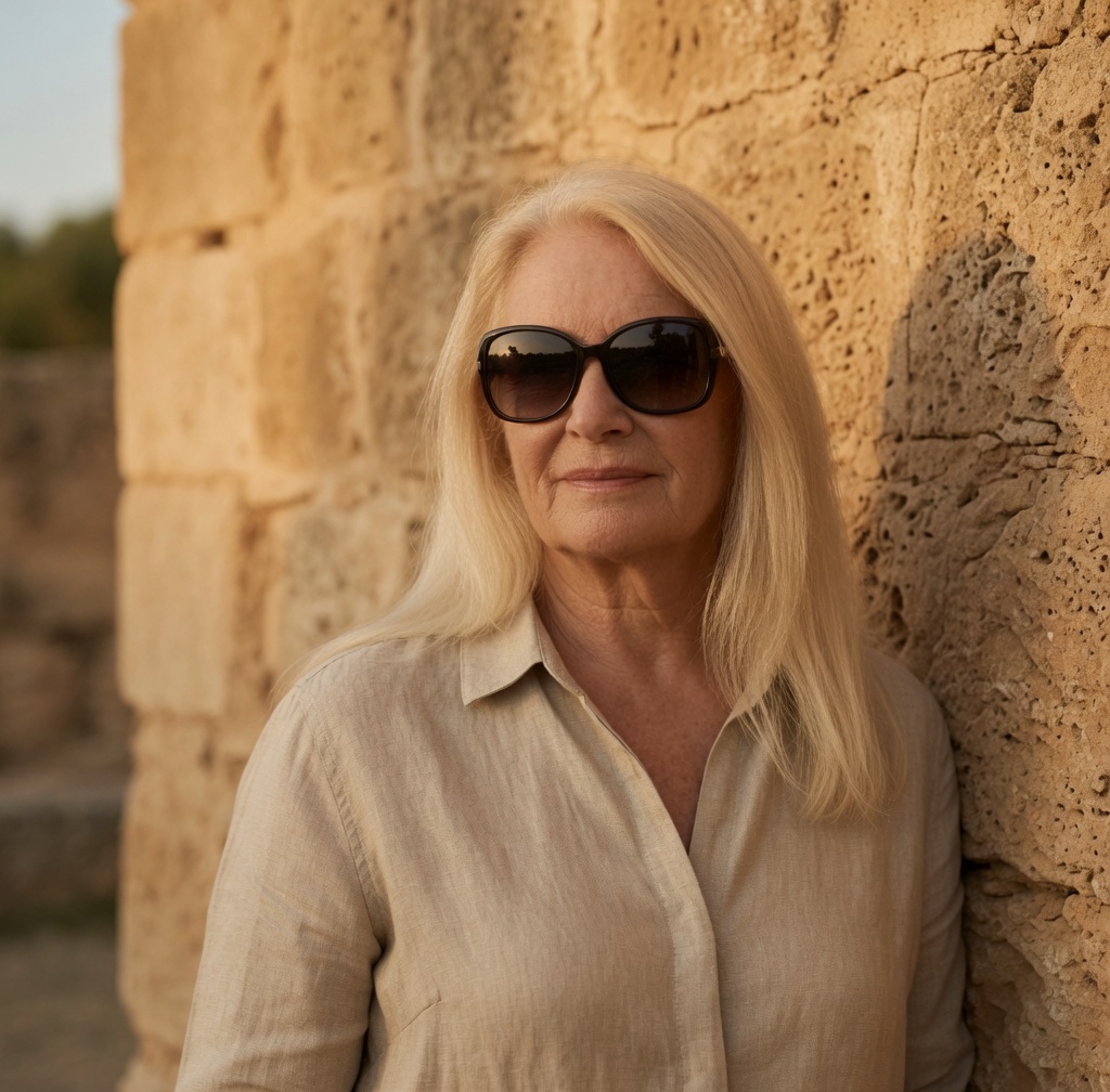 Bettina Gleissner vor einer Steinmauer auf Mallorca