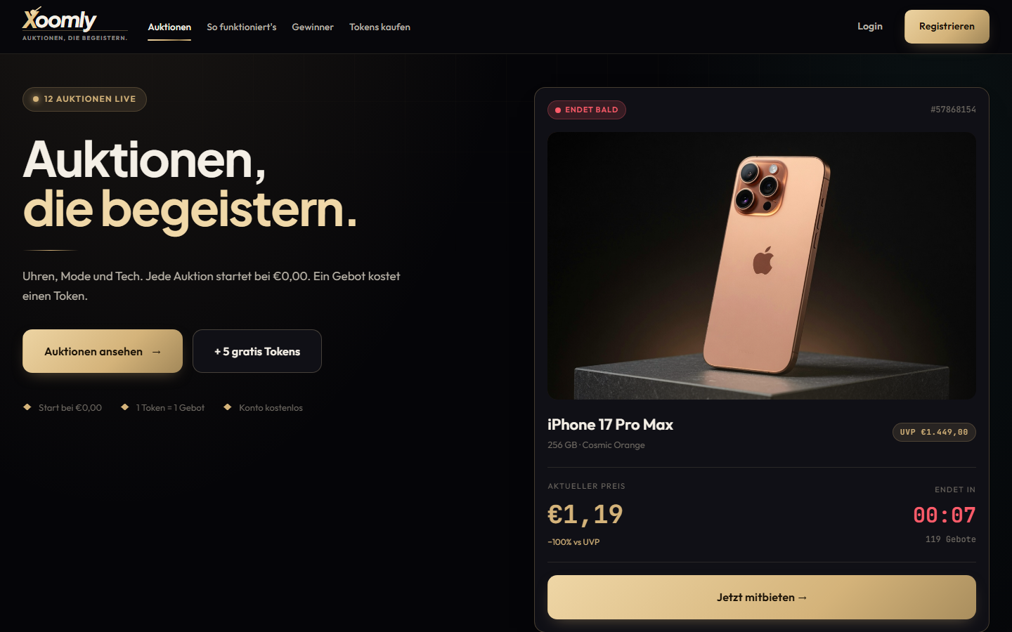 Xoomly Startseite mit Live-Auktion und iPhone 17 Pro Max